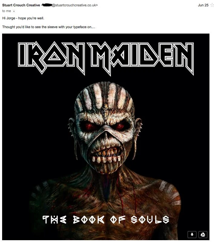 Email preview showing The Book of Souls sleeve with Jorge Letona’s typeface