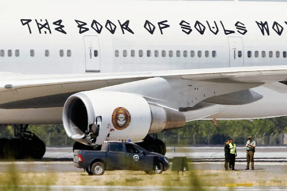 Close-up of The Book of Souls World Tour lettering applied to the fuselage