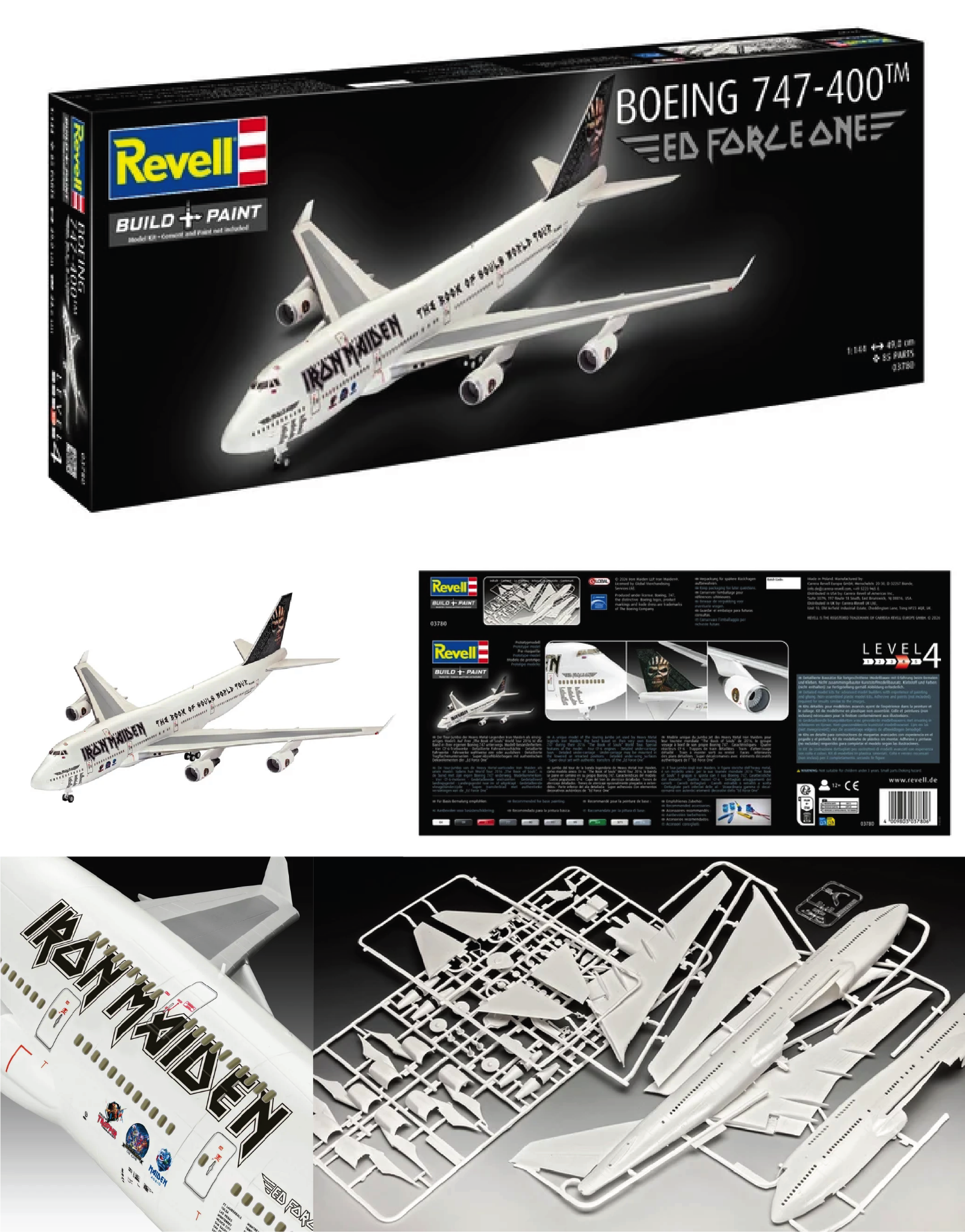 Revell Ed Force One model kit presentation with box, model aircraft, packaging back, decal detail and unassembled parts